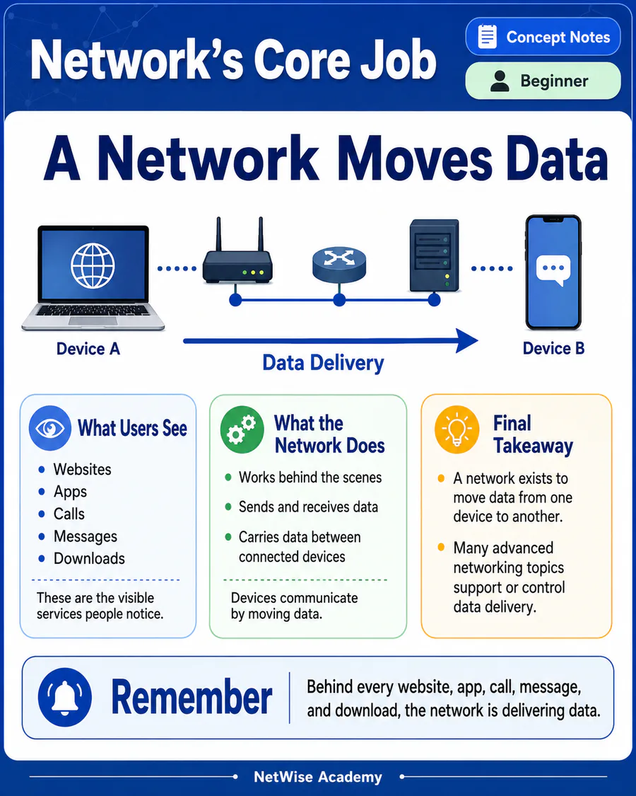 Visual note: a network moves data between connected devices